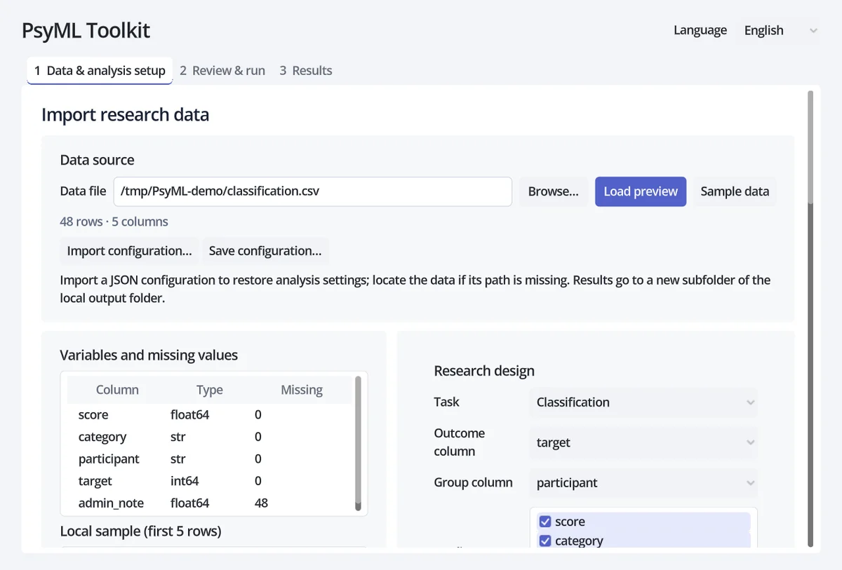 PsyML Toolkit English interface: synthetic data checks and variable selection